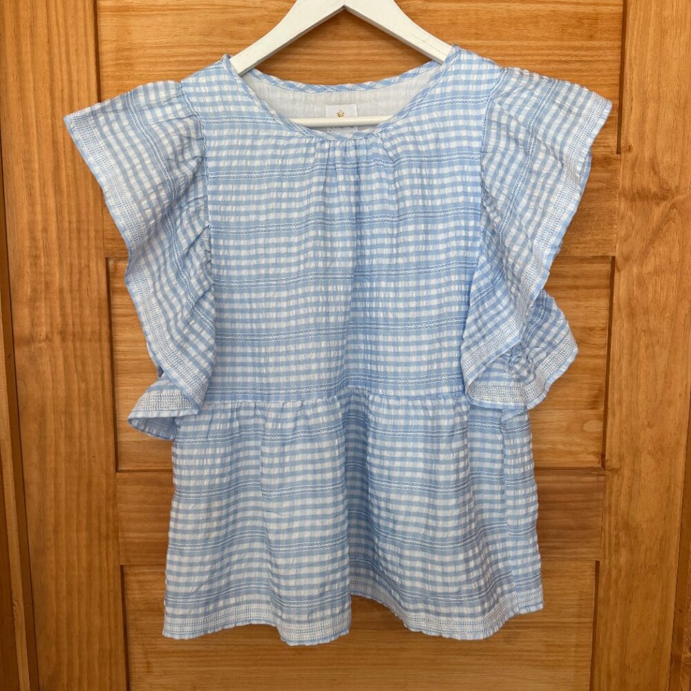 J Marie Sally Blue Gingham Plaid Flutter Sleeve Peasant Top Women's size M - Picture 4 of 8